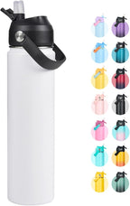 24oz Insulated Stainless Steel Water Bottle, Wide Mouth Double Wall Vacuum, Silicone Straw, Sweat & Leak Proof, BPA Free Insulated Water Flask for Travel, Keep Cold 24h Hot 12h, White