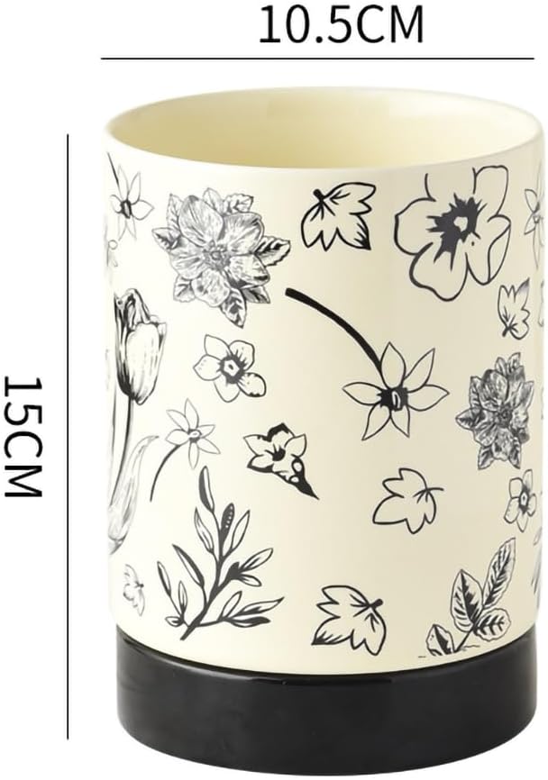 WAIT FLY Vintage Floral Porcelain Kitchen Utensil Holder with Bottom Flatware Storage Organizer Utensil Crock for Countertop Kitchen Counter Decor-Black