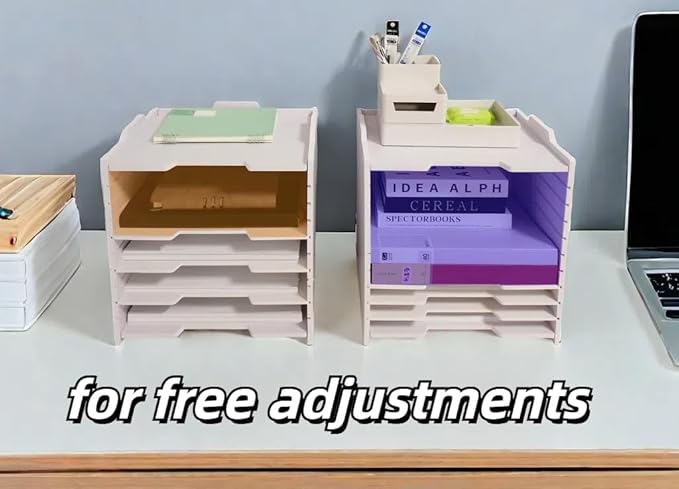 A4 Wooden Desk Letter Tray, Paper Organizer Storage with Adjustable Shelves, Stackable File Sorter for Notes, Pens, File Paper and Desk(Portrait-8tray(with 7 Adjustable Shelves))