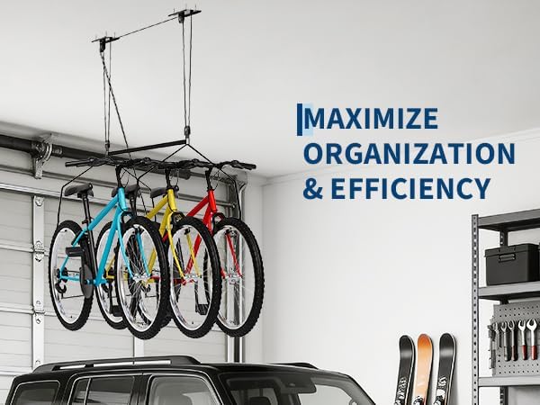 Cargo Box Garage Pulley System, Heavy Duty Overhead Hoist for Rooftop Cargo Boxes & Large Storage Totes, 150 Lb Capacity, Fits 10–14 ft Garage Ceilings, Adjustable Straps & Dual Fixed Mounts