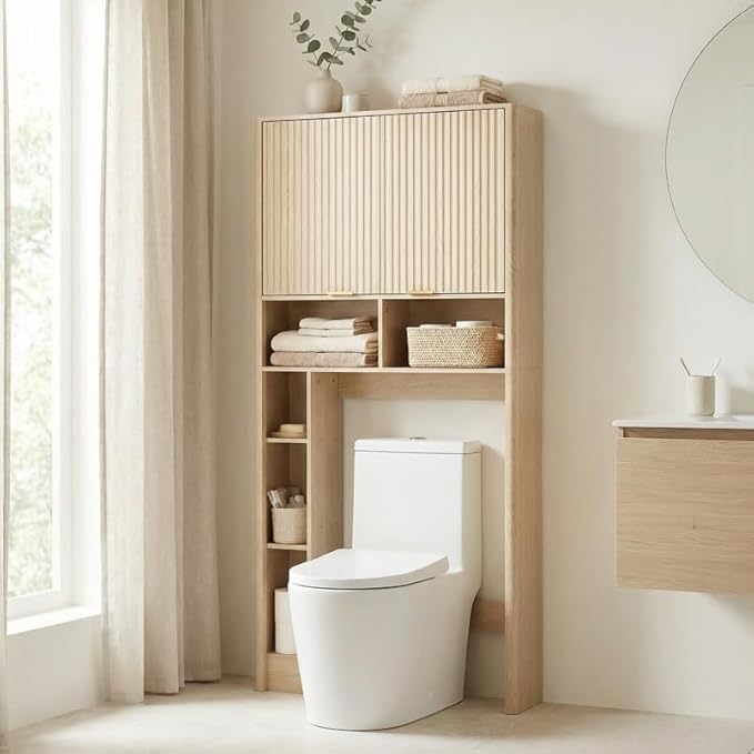 31''W Over The Toilet Storage Cabinet with Fluted Door, Oak Bathroom Organizer with Adjustable Shelf, 67''H Tall Natural Toilet Paper Holder Stand Wave Door for Restroom, Laundry Room