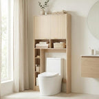 31''W Over The Toilet Storage Cabinet with Fluted Door, Oak Bathroom Organizer with Adjustable Shelf, 67''H Tall Natural Toilet Paper Holder Stand Wave Door for Restroom, Laundry Room