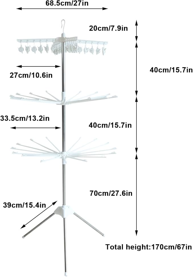 3-Tier Foldable Clothes Drying Rack, 66.93" Laundry Rack with 24 Sock Clips & Rotating Rail, Space-Saving for Balcony (White)