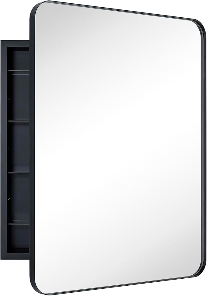 Matt Black Rectangle Recessed Bathroom Medicine Cabinet with Mirror Stainless Steel Metal Framed Rounded Rectangular Bathroom Cabinet with Mirror 24x30''