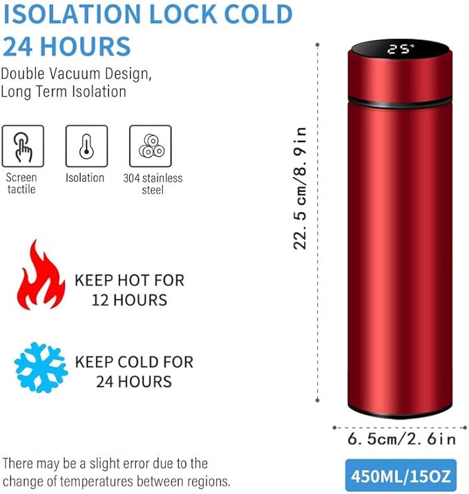 Smart Water Bottle Stainless Steel Vacuum Flask,Travel Mug with Smart LCD Touch Screen, Keep Hot Or Cold, Car Portable Travel Tea Coffee Vacuum Thermo Cup,Insulated Water Bottle (Red)