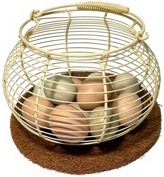 Egg Basket for Gathering Fresh Eggs, Retro Handle Egg Gathering Basket with Mat, Metal Egg Holder Countertop, Chicken Egg Basket for Farmhouse (Off-white)