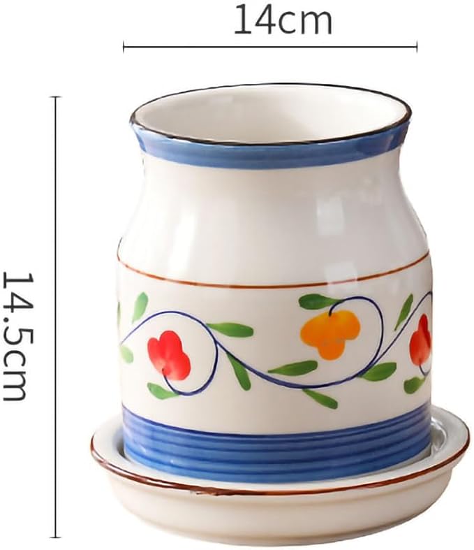 WAIT FLY Flower Pattern Porcelain Kitchen Utensil Holder with Bottom Flatware Storage Organizer Utensil Crock for Countertop Kitchen Counter Decor-Blue
