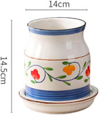WAIT FLY Flower Pattern Porcelain Kitchen Utensil Holder with Bottom Flatware Storage Organizer Utensil Crock for Countertop Kitchen Counter Decor-Blue