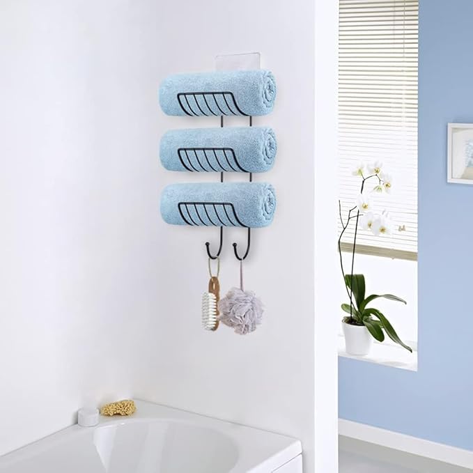 Adhesive Towel Holder for Bathroom Wall Mounted, No Drill Towel Rack Organizer with 2 Hooks for Bath Wall Storage, Black, 2 Pack