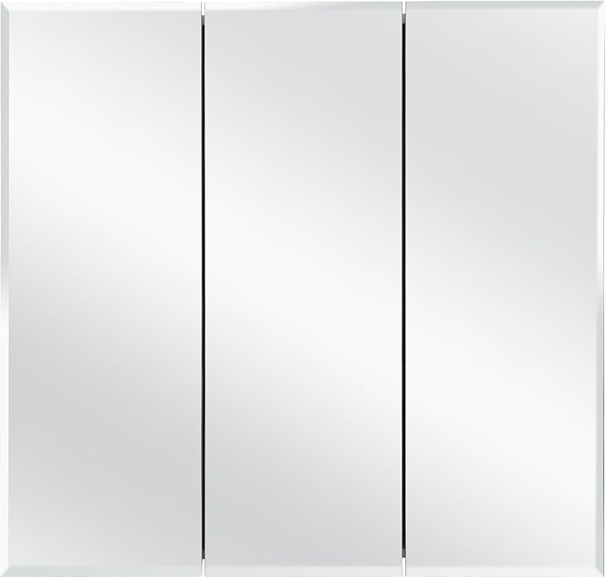 Design House Cyprus 25-in. Wide Medicine Cabinet, 3 Frameless Mirrored Doors, 2 Interior Shelves, Pre-Assembled, Surface or Recess Mounted, White/Clear, 25.1 in. W x 4.4 in. D x 24.5 in. H, 597484