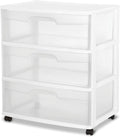 Sterilite Wide 3 Drawer Storage with Wheels, Plastic Rolling Organization Cart, White Frame