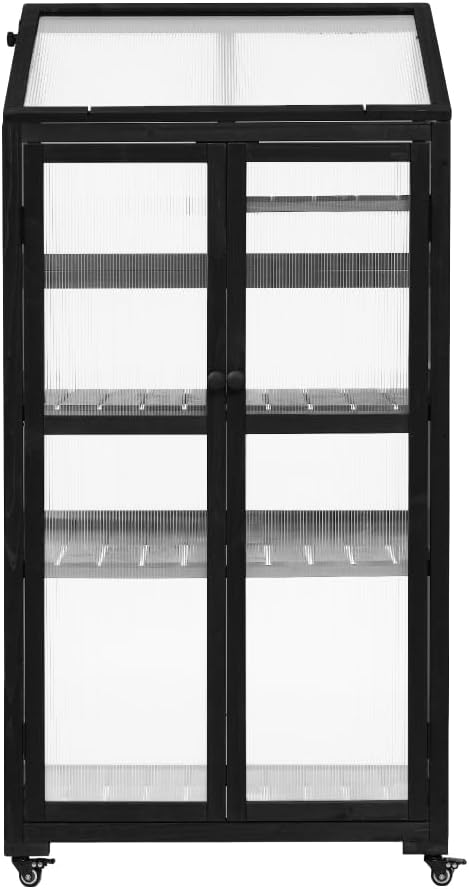 Sturdy Wooden Greenhouse for Balcony or Backyard Use with Rolling Wheels and Adjustable Shelving for Plant Growing (Black + Solid Wood + Wood)