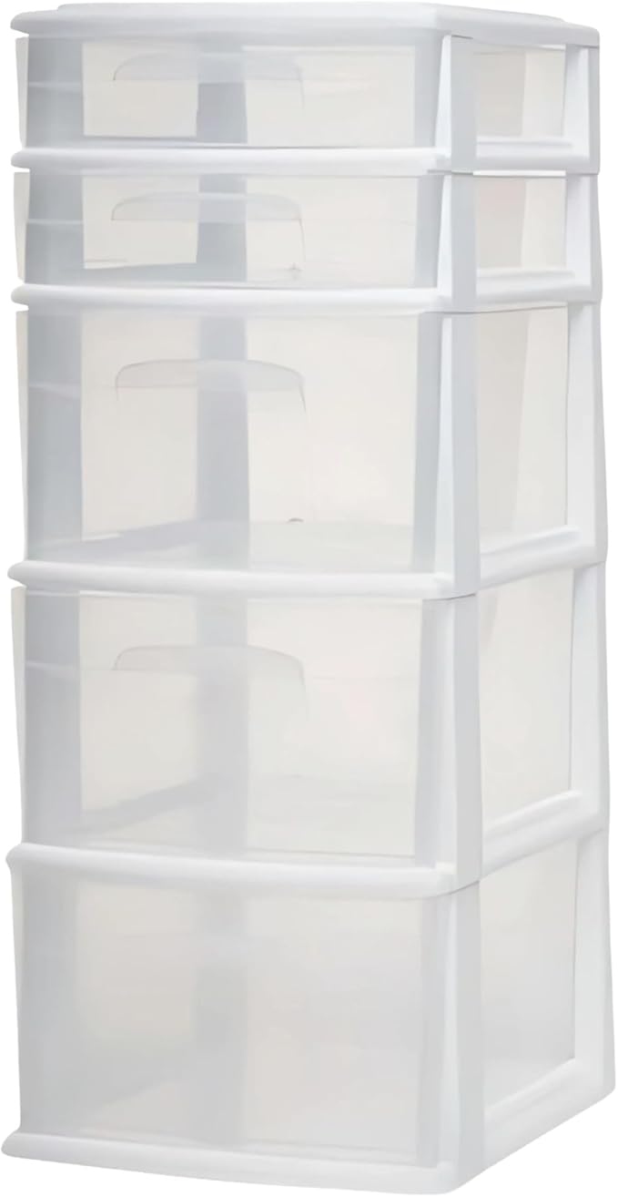 HOMZ 5-Drawer Storage Cart, Clear Plastic Drawers, 14.25" Wide Medium, White Frame - Organizing Drawer Containers for Home, Bathroom, Bedroom, Office, and Classroom