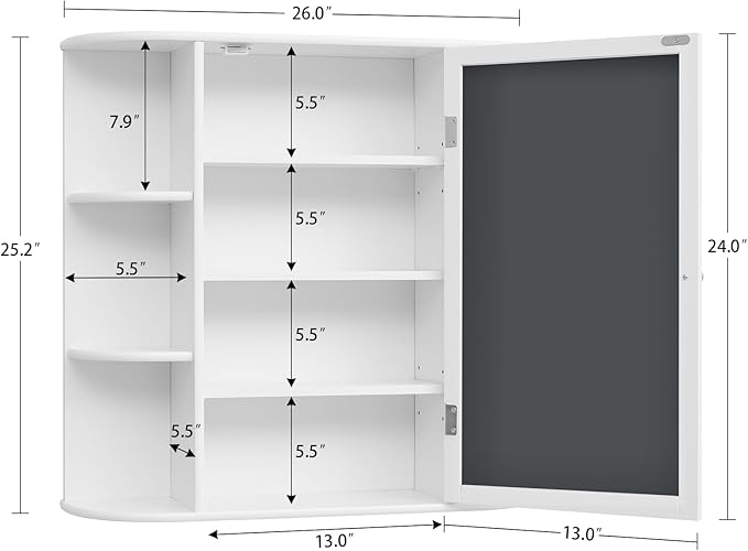 Iwell Bathroom Medicine Cabinet with Mirror, Bathroom Wall Cabinet with 2 Adjustable Shelves & 6 Open Shelves, Medicine Cabinet Organizer, Bathroom Cabinet Wall Mounted, White
