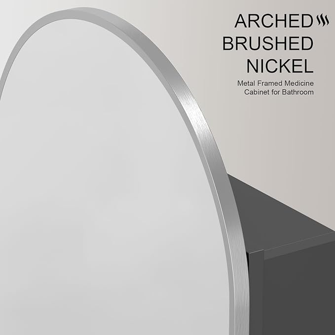 Recessed Medicine Cabinet Mirrors for Bathroom,Arched Medicine Cabinet with Mirror,Metal Edge Bathroom Mirror with Storage,Brushed Nickel Mirrored Cabinet,Open from Left to Right,16x31