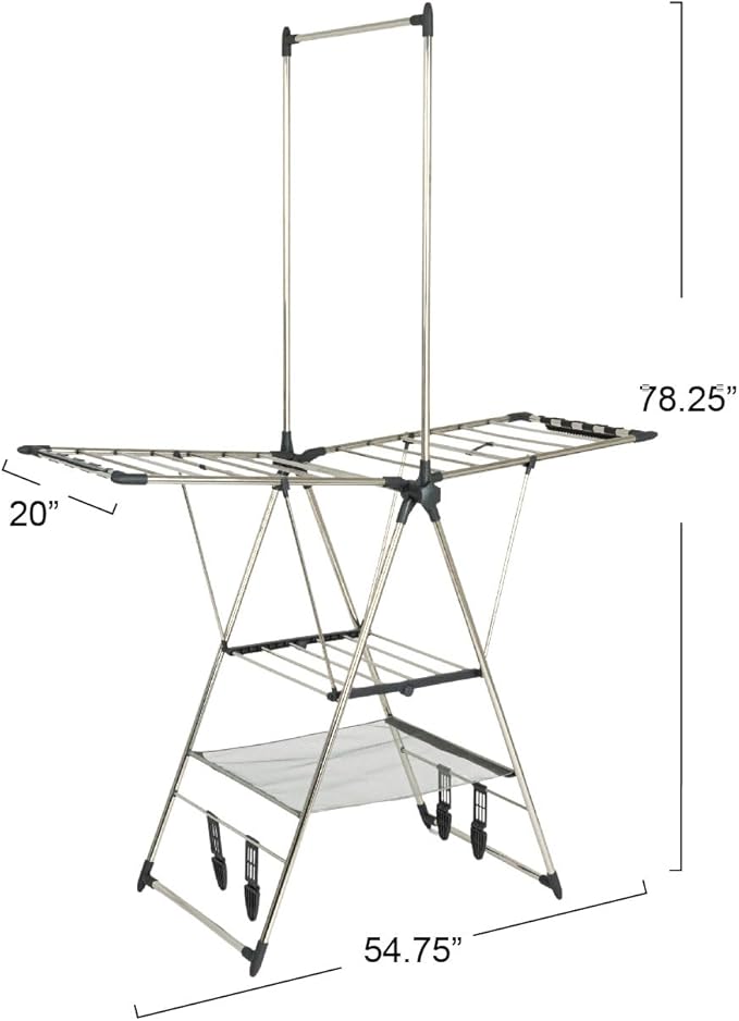 Household Essentials Multi Tier Stainless Steel Laundry Drying Rack with T Bar and Two Side Wings, Silver