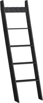 HOOBRO Blanket Ladder for Living Room and Bedroom, 5-Tier Wall Leaning Towel Rack for Bathroom, Decorative Ladder Shelf with 4 Removable Hooks, Farmhouse Blanket Storage, Black BB51CJ01G1