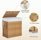 Laundry Hamper with Lid, 90L Foldable Laundry Basket with Removable Liner Bags, Handwoven Synthetic Rattan Clothes Hamper for Bathroom, Bedroom, Laundry Room, Yellow