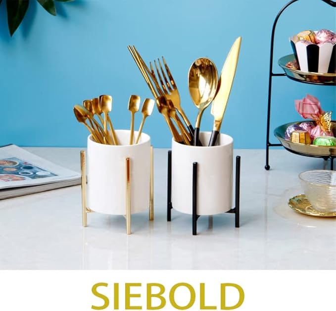 Kitchen Utensil Holder,White Ceramic Silverware Caddy With Golden Metal Frame Chic & Modern Kitchen Cooking