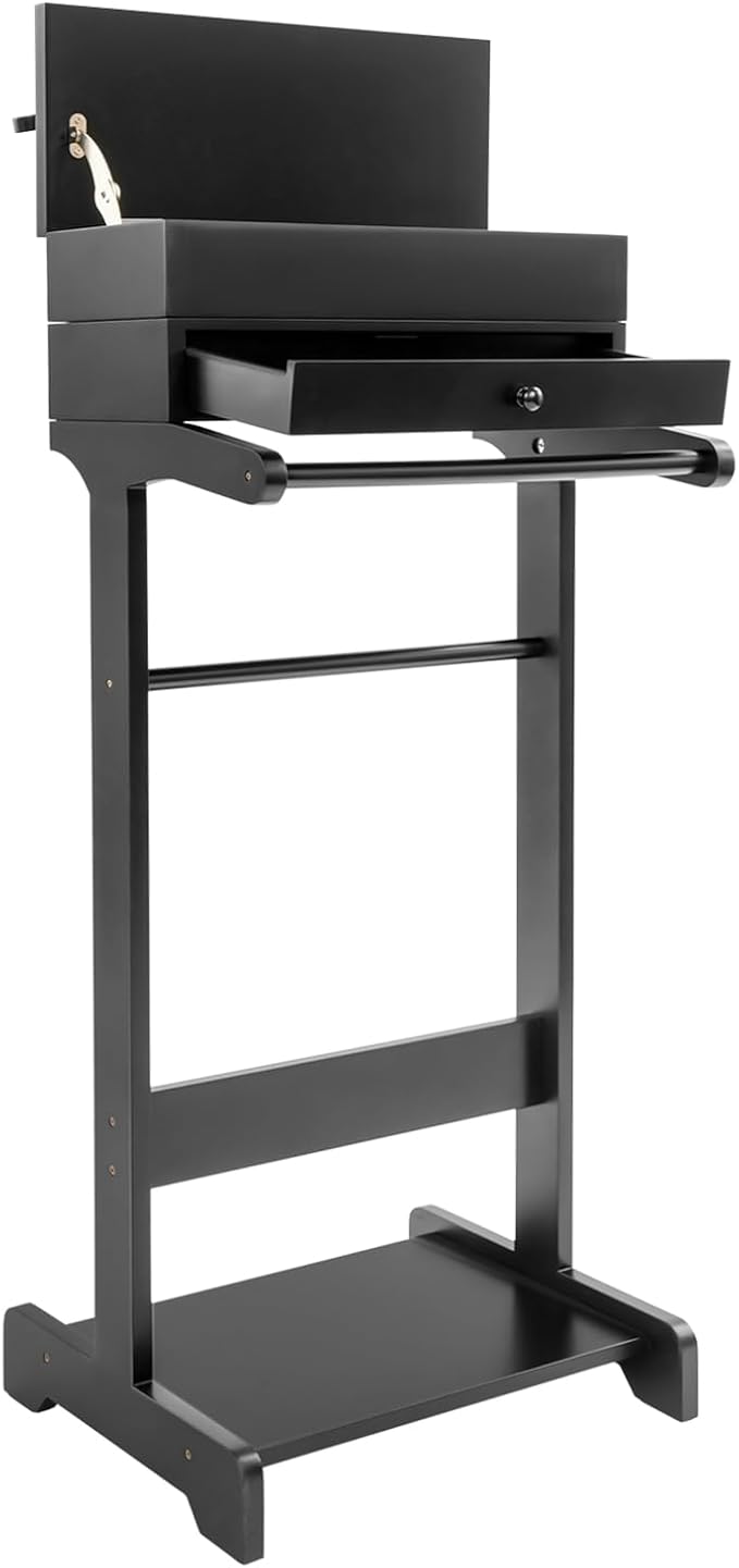 Suit Valet Stand, Solid Wood Valet Stand with Drawer & Top Compartment, Contour Hanger & Shoe Shelf & Trouser Bar, FreeStanding Suit Hanger Shoe Rack For Guest Rooms Hotel