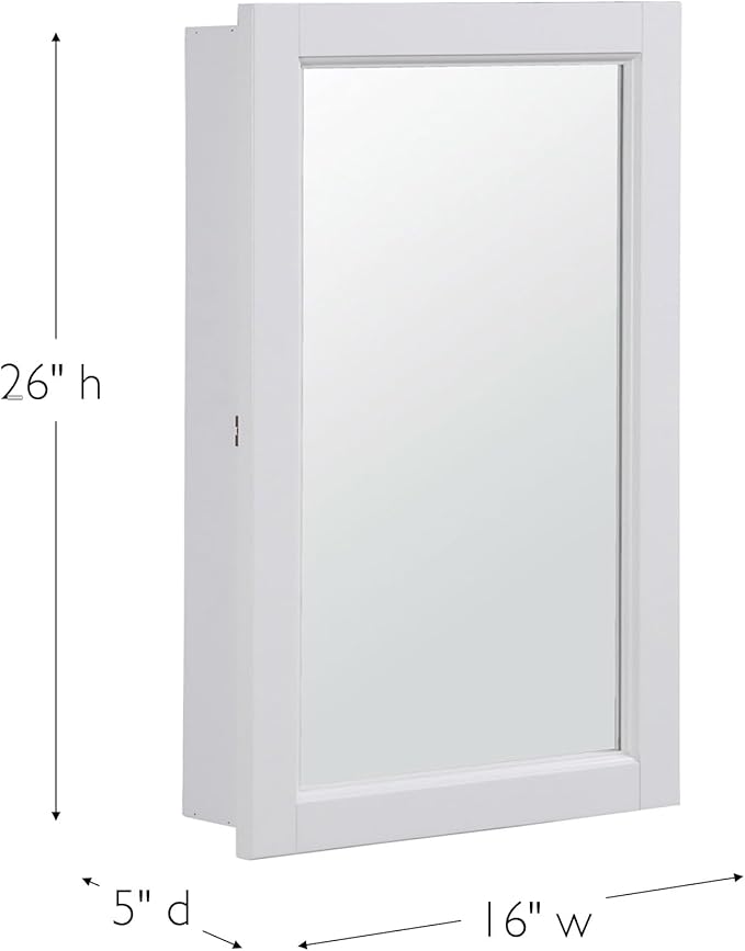 Design House Concord Medicine Cabinet, 1 Mirrored Door, Pre-Assembled, White Frame Wall Cabinet, 16 in W x 5 in D x 26 in H, 590505-WHT