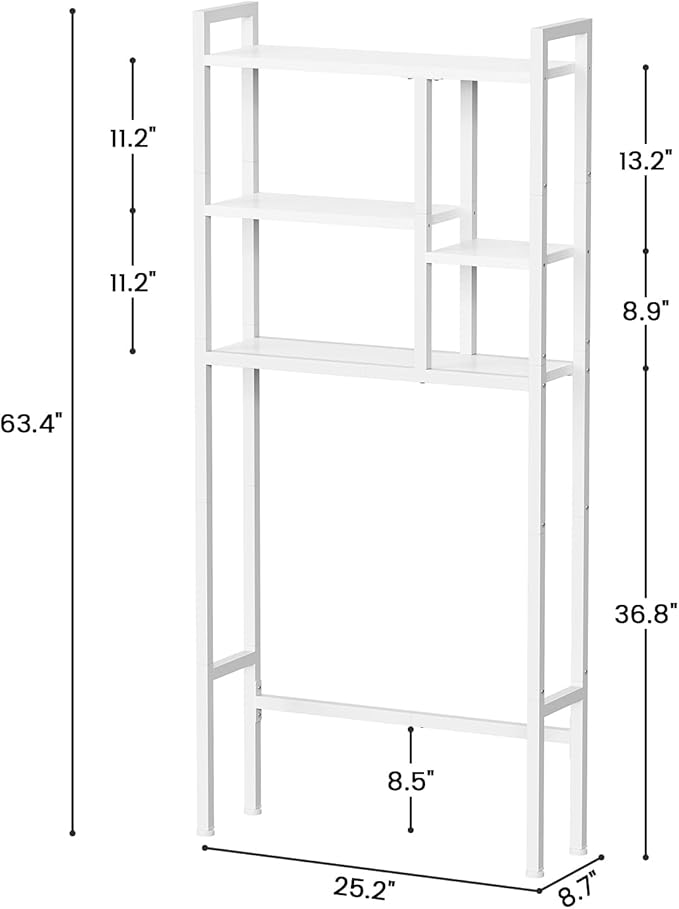 Over The Toilet Storage Rack, 3-Tier Bathroom Organizer Over Toilet, Wooden Above Toilet Storage Shelf, Space Saver, Freestanding Bathroom Storage Metal Shelf, Easy to Assemble, White
