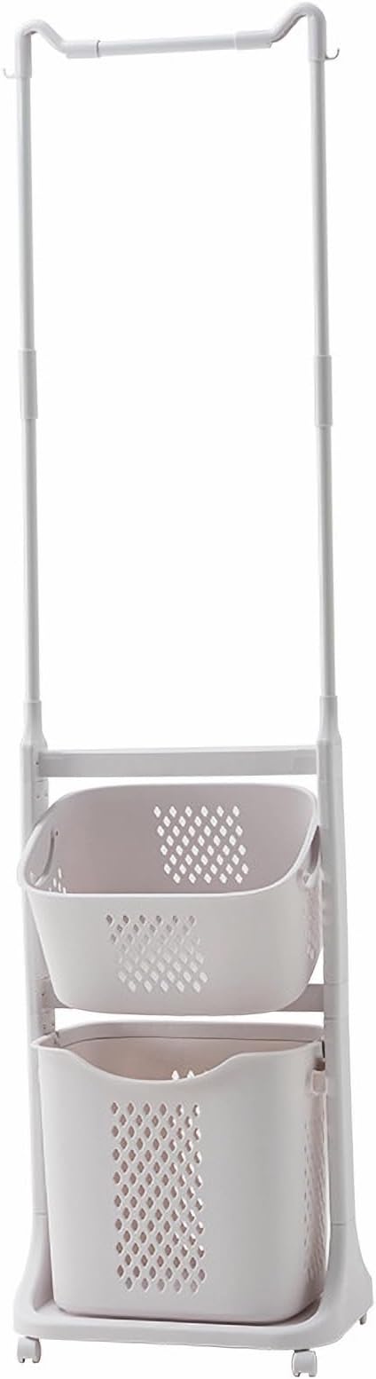 2-Tier Laundry Hamper Sorter with Hanging Bar, Rolling Laundry Baskets with Wheels Removable, Stackable Laundry Cart Organizer and Storage for Small Space Dorm Closet Bathroom