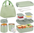 Bento Lunch Box Set with 10.5oz Soup Thermo Food Jar for Adults Kids, Stainless Steel Leak-proof Lunch Container, Coffee Tumbler with Lunch Bag for School Travel Office-Green