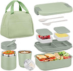 Bento Lunch Box Set with 10.5oz Soup Thermo Food Jar for Adults Kids, Stainless Steel Leak-proof Lunch Container, Coffee Tumbler with Lunch Bag for School Travel Office-Green