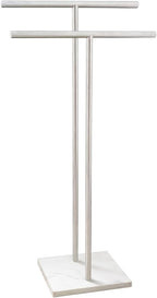 40 Inch Standing Towel Rack Double-T Shape Tall Bath Towel Sheet Holder with Marble Design Base for Bathroom Floor Next to Tub or Shower 2 Tier Towel Holder Stand Stainless Steel Brushed Nickel