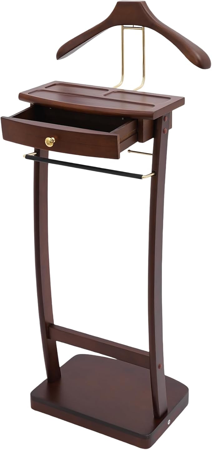 66.14 Lbs Capacity Wood Valet Stand, Clothes Valet Rack with Drawer Top Tray, Freestanding Clothing Stand with Contour Hanger Trouser Bar Tie & Belt Hooks and Shoe Rack, Walnut Color