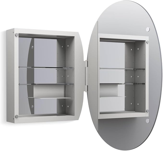 Kohler 35571-NFC-NA Verdera® Bathroom Medicine Cabinet with Mirror, Oval Design, Mirrored Interior, Adjustable Glass Shelves, Rustproof Anodized Aluminum, 24 in. W x 34 in. H
