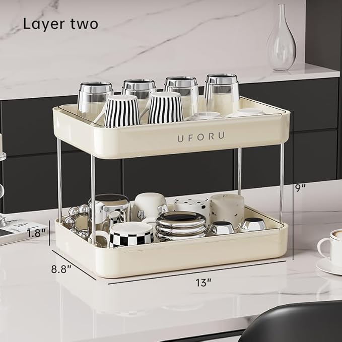 Countertop Coffee Station Organizer, 2 Tier Wine Glass Holder, Mug Shelf with Removable Drain Tray, Spice Rack for Kitchen, Bathroom Countertop Organizer, Cream White