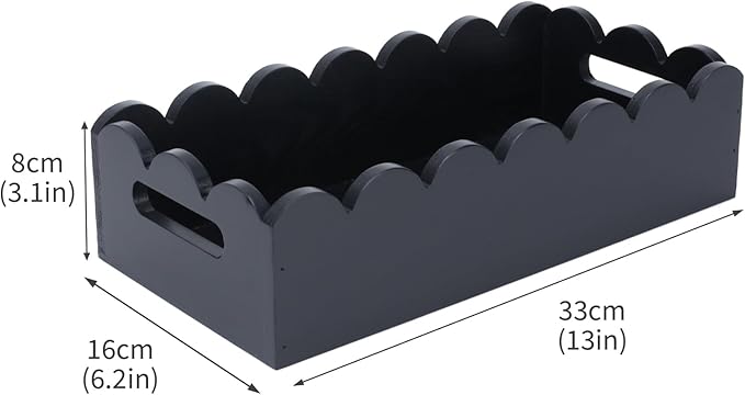 Toilet Paper Storage, Wooden Toilet Tank Paper Baske with Handles, Bathroom Storage and Organizer Napkin Tray, Scalloped Edge Black Decor Box for Vanity, Bedroom, Entryway, Living Room