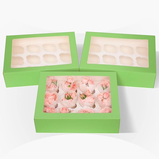 Bakepacker 12 Cupcake Containers 10-Packs Avocado Cupcake Box Cupcakes Carrier, 12 Cupcake Boxes with Window 13"x10"x3.5"（Auto-pop up）