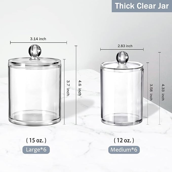SheeChung 12-Pack Clear Acrylic Apothecary Jars with Labels - (6) 10oz &(6) 12oz Qtip Holder Set - Shatterproof Bathroom Vanity Organizer for Cotton Swabs,Balls,Pads-Minimalist storage