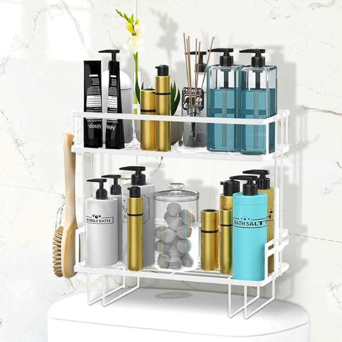 DINEST 2 Tier Over The Toilet Storage Shelf, Anti Resistant Bathroom Shelf Over Toilet Organizer, Multifunctional No Drilling Above Toilet Storage with Wall Mounting Design(White)