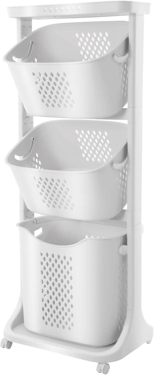 Laundry Basket Sorter with Wheels, 3-Tier Laundry Basket, Multi-functional 360° Rolling Storage Shelf for Kitchens, Bathrooms, Bedrooms, Classrooms, Laundry Rooms