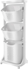 3 Tier Laundry Hamper Basket Sorter Portable Rolling Cart Clothes Storage Porous Design With Wheels, For Clothes, Toiletries, Bathrooms, Laundry Rooms, Bedrooms, White