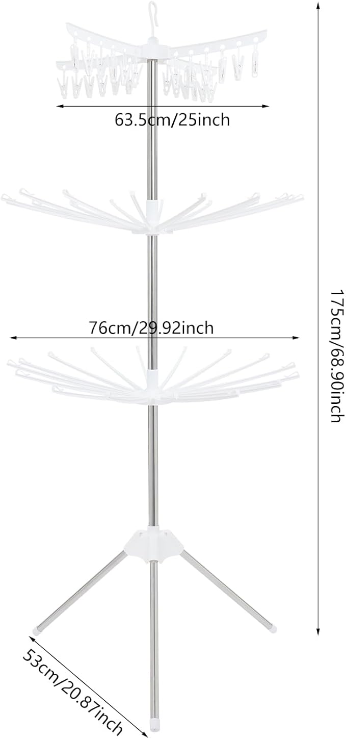 3-Tier Foldable Clothes Drying Rack, Rotating Clothing Rack w/Three-Legged Base, 24 Clips Large Capacity Indoor Clothes Airer for Scarves, Towels, Socks, Underwear