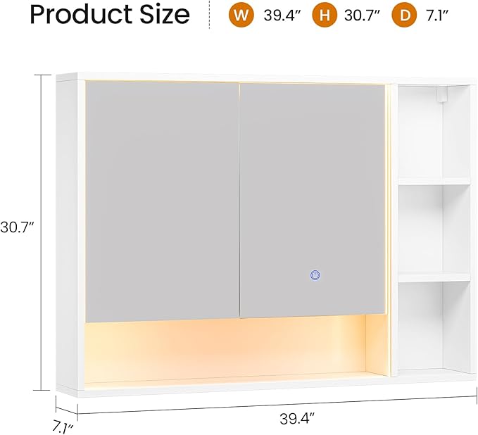 Hasuit Lighted Medicine Cabinet with Mirror and Shelves, Modern Bathroom Medicine Cabinet with Open Storage, Aluminum Channel LED Lights, 39.4'' x 30.7'', White