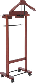 Suit Valet Stand for Men, Wood Freestanding Clothing Rack with Drawer, Top Tray, Contour Hanger, Trouser Bar, Tie & Belt Hooks and Shoe Rack Suit Stand w/Lockable Wheels