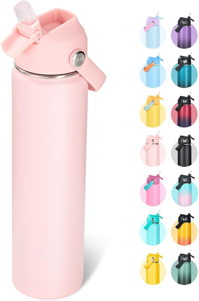 24oz Insulated Stainless Steel Water Bottle, Wide Mouth Double Wall Vacuum, Silicone Straw, Sweat & Leak Proof, BPA Free Insulated Water Flask for Travel, Keep Cold 24h Hot 12h, Coral Pink