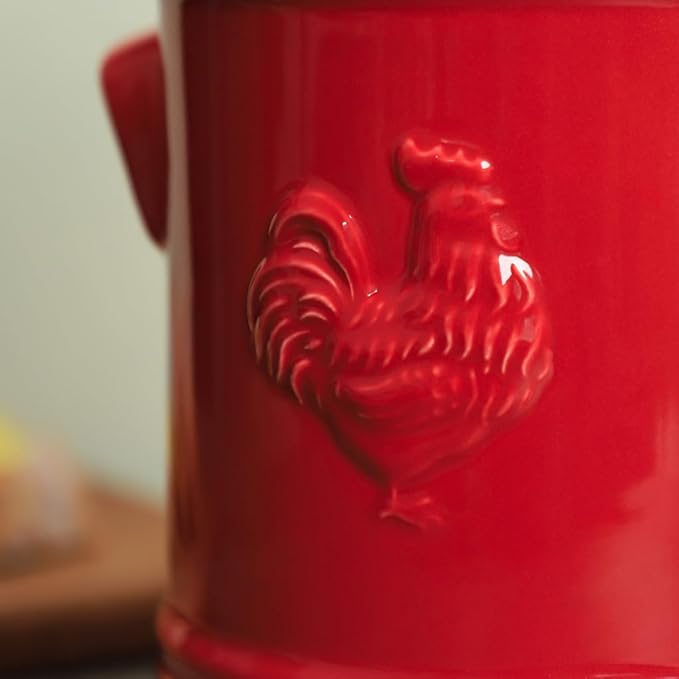 WAIT FLY Embossed Rooster Porcelain Kitchen Utensil Holder Flatware Storage Organizer Utensil Crock for Countertop Kitchen Counter Decor-Red-1 PCS
