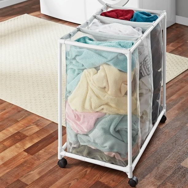 3-Bag Rolling Laundry Sorter Cart, Soft Silver Mesh Hamper with Removable Bags & Wheels for Bedroom, Bathroom, Closet Organization & Storage