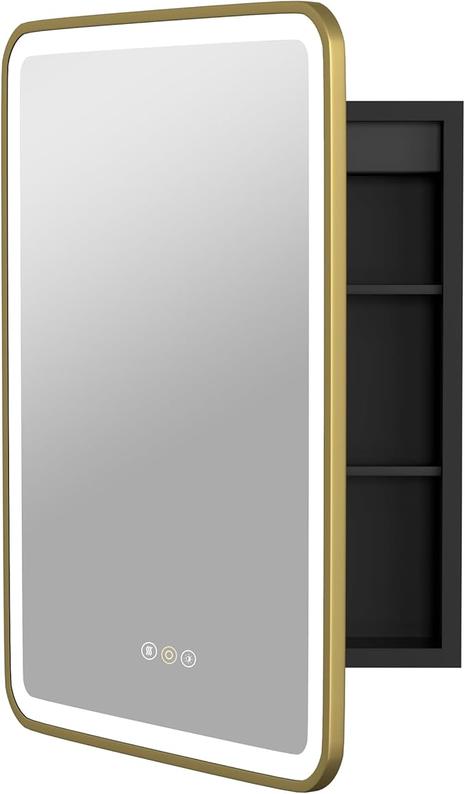 Medicine Cabinet with LED Lights and Mirror, 16W x 28H Inch Wall or Recessed Mounted Bathroom Cabinet with Left Hinge, Storage Shelf, Defogger, Memory Function, 3-Color Mode, Dimmer, Gold