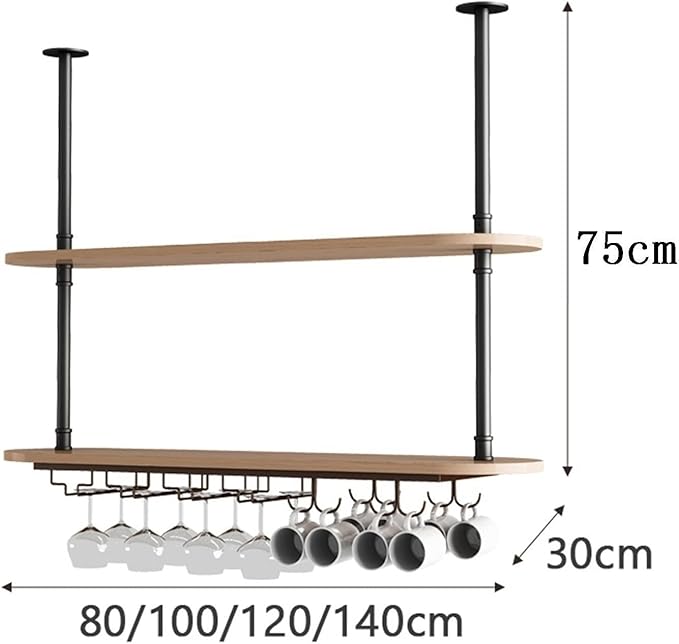 Ceiling Hanging Plant Stand Metal Wine Rack - LOFT Retro Iron Solid Wood , Wooden Hanging Wine Glass Holder, Ceiling Mounted Storage Rack, Industrial Ceiling Mount Shelves 2 Layer ( Color : Gold , Siz