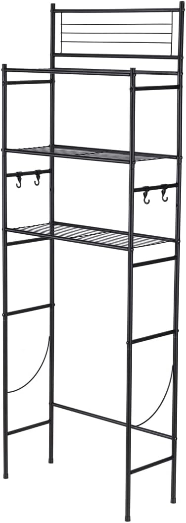 3-Shelf Over The Toilet Storage Bathroom Rack Space Saver Organizer Free Standing Metal Shelves with 4 Hooks, Black