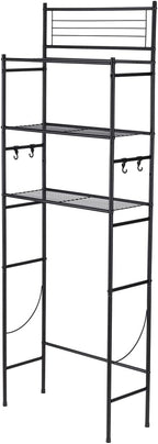 3-Shelf Over The Toilet Storage Bathroom Rack Space Saver Organizer Free Standing Metal Shelves with 4 Hooks, Black