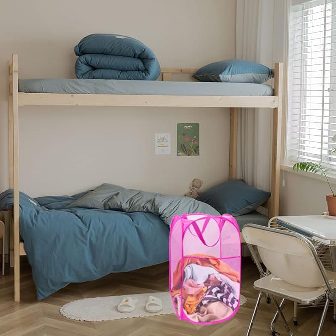 Pop Up Laundry Hamper, Portable Mesh Laundry Basket, Collapsible Clothes Storage Bin for Bedroom, Dormitory, Travel, Home, Rose Red